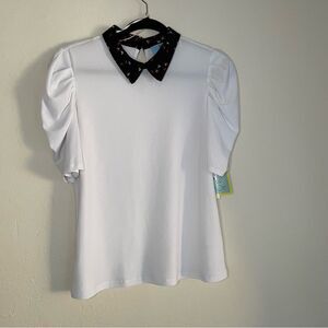 CeCe by Cynthia Steffe Printed collared Shirt M NWOT white w/ black collar